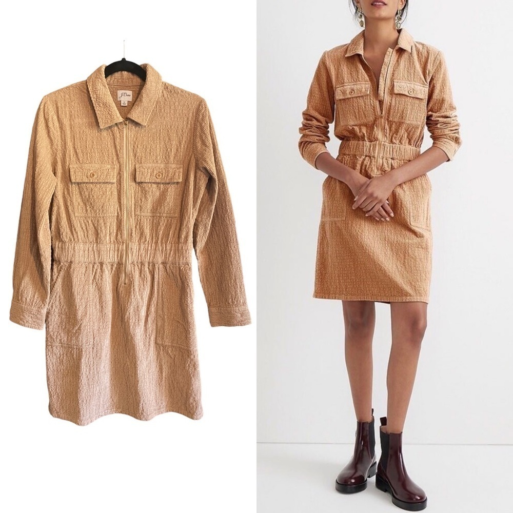 J CREW Woman’s Zip Front Cinched Long Sleeve Dress In Corduroy, Size 6